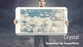  Presentation with banner blue - Presentation design consisting of young-businessman-holding-banner background and a dark gray colored foreground