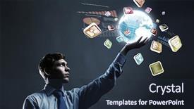  Presentation with palm - Slide set consisting of young businessman holding digital globe background and a wine colored foreground