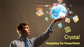  Presentation with globe - Cool new PPT layouts with young businessman holding digital globe backdrop and a tawny brown colored foreground