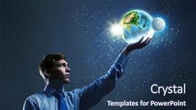  Presentation with earth - Colorful presentation design enhanced with young businessman holding earth planet backdrop and a ocean colored foreground