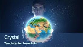  Presentation with hand holding earth - PPT theme having young businessman holding earth planet background and a ocean colored foreground