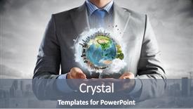  Presentation with hand holding earth - Slide set with young businessman holding earth planet background and a gray colored foreground
