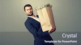  Presentation with paper bag - Amazing presentation design having young businessman holding heavy paper bag with money over dark background backdrop and a navy blue colored foreground