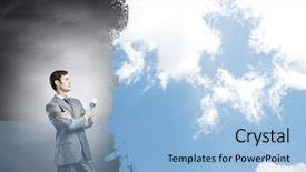  Presentation with wall paint - Colorful theme enhanced with young businessman holding paint brush and paintings on wall backdrop and a light blue colored foreground