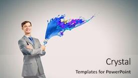  Presentation with paint brush - PPT theme featuring young businessman holding paint brush with colorful splashes background and a sky blue colored foreground