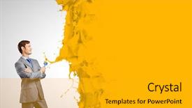  Presentation with paint brush - Presentation theme with young businessman holding paint brush with colorful splashes background and a light gray colored foreground