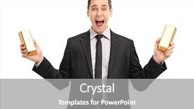  Presentation with gold bars - Amazing PPT theme having young businessman holding two gold backdrop and a gray colored foreground