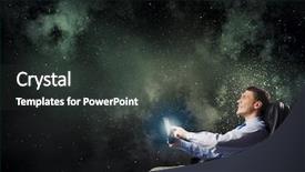  Presentation with looking glass - PPT theme with young businessman in armchair using background and a  colored foreground