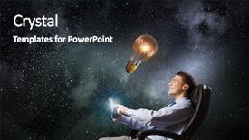  Presentation with looking glass - Presentation design featuring young businessman in armchair using background and a  colored foreground