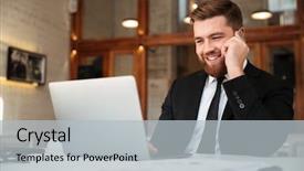  Presentation with black - Colorful presentation theme enhanced with young businessman in black suit backdrop and a light gray colored foreground