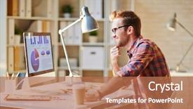  Presentation with front office - Cool new theme with young businessman in casualwear sitting in office in front of computer backdrop and a coral colored foreground