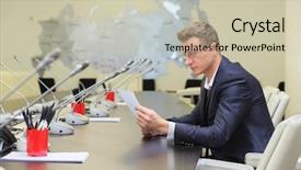  Presentation with negotiating - Beautiful PPT theme featuring young businessman in glasses sitting at negotiating table and reading the document backdrop and a soft green colored foreground