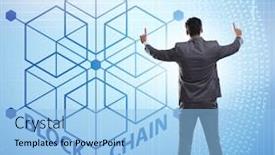  Presentation with blockchain - Colorful PPT theme enhanced with young-businessman-in-innovative-blockchain backdrop and a light blue colored foreground