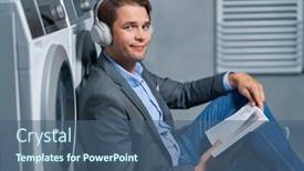  Presentation with laundry room - Colorful presentation theme enhanced with young-businessman-in-laundry-room backdrop and a ocean colored foreground