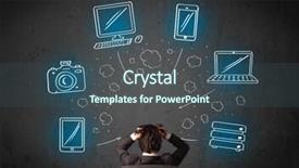  Presentation with office chair - PPT theme enhanced with young businessman in office chair sitting in front of a wall with glowing drawn multimedia icons above his head background and a ocean colored foreground