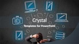  Presentation with office chair - Colorful slides enhanced with young businessman in office chair sitting in front of a wall with glowing drawn multimedia icons above his head backdrop and a ocean colored foreground