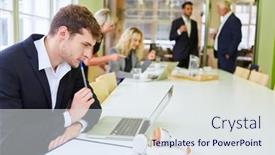  Presentation with meeting - PPT theme featuring young-businessman-in-start-up background and a sky blue colored foreground