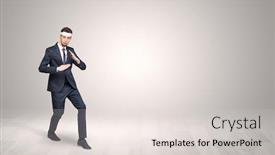  Presentation with space suit - Colorful PPT layouts enhanced with young businessman in suit fighting in an empty space backdrop and a light gray colored foreground