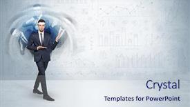  Presentation with report - Slide deck enhanced with young businessman in suit fighting background and a  colored foreground