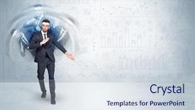  Presentation with report - Cool new slide deck with young businessman in suit fighting backdrop and a  colored foreground