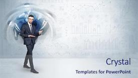  Presentation with report - Slide deck with young businessman in suit fighting background and a  colored foreground