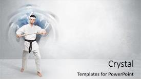  Presentation with empty - Slides enhanced with young businessman in suit fighting background and a  colored foreground