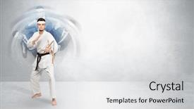  Presentation with ground fighting - Colorful presentation design enhanced with young businessman in suit fighting backdrop and a  colored foreground