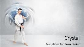  Presentation with ground fighting - Colorful PPT layouts enhanced with young businessman in suit fighting backdrop and a  colored foreground