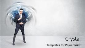  Presentation with empty - Presentation theme having young businessman in suit fighting background and a  colored foreground