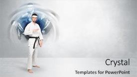  Presentation with drone fire fighting robot - Amazing slides having young businessman in suit fighting backdrop and a  colored foreground