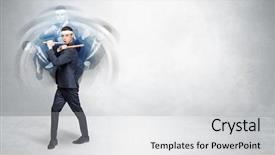  Presentation with empty - Amazing theme having young businessman in suit fighting backdrop and a  colored foreground