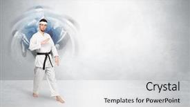  Presentation with empty - Slide deck enhanced with young businessman in suit fighting background and a light gray colored foreground