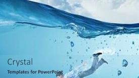  Presentation with blue crystal - PPT layouts enhanced with young businessman in suit swimming in crystal blue water background and a light blue colored foreground
