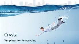  Presentation with crystal blue - Audience pleasing PPT theme consisting of young businessman in suit swimming in crystal blue water backdrop and a sky blue colored foreground