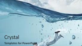  Presentation with crystal blue - Amazing PPT theme having young businessman in suit swimming in crystal blue water backdrop and a light blue colored foreground