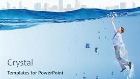  Presentation with crystal blue - PPT theme having young businessman in suit swimming in crystal blue water background and a sky blue colored foreground