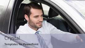  Presentation with drivers - PPT theme enhanced with young businessman in the drivers seat in his car background and a light blue colored foreground