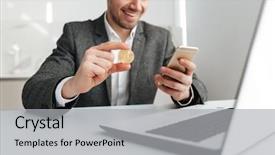  Presentation with photo - Audience pleasing presentation consisting of young businessman indoors using laptop backdrop and a  colored foreground