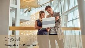  Presentation with atmosphere - Slides featuring young-businessman-is-carefully-watching background and a coral colored foreground