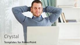  Presentation with social isolation - Theme with young businessman leaning back in his home office working from home in quarantine lockdown social distancing self isolation background and a light gray colored foreground