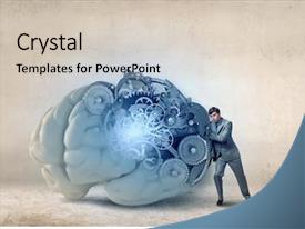  Presentation with brain - Presentation theme consisting of young businessman leaning on big background and a soft green colored foreground