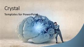  Presentation with brain - Presentation theme consisting of young businessman leaning on big background and a soft green colored foreground