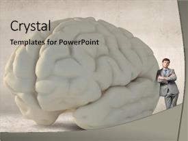  Presentation with brain - Colorful presentation theme enhanced with young businessman leaning on big backdrop and a light gray colored foreground
