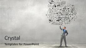  Presentation with great communication skills in business - Beautiful slide deck featuring young businessman lifting his great backdrop and a light gray colored foreground