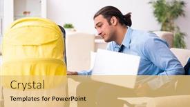  Presentation with new parents at home baby - PPT layouts enhanced with young-businessman-looking-after-newborn background and a yellow colored foreground