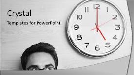  Presentation with clock - Amazing presentation theme having young businessman looking at clock backdrop and a light gray colored foreground