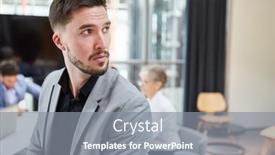  Presentation with shoulder - Presentation featuring young-businessman-looking-over-shoulder background and a  colored foreground