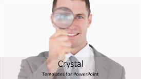  Presentation with looking glass - Slide deck having young businessman looking through a magnifying glass against a white background background and a soft green colored foreground