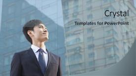  Presentation with looking glass - Amazing slide deck having young businessman looking up glass backdrop and a light blue colored foreground