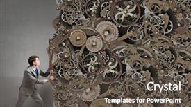  Presentation with mechanical gear mechanism team work - Colorful slide set enhanced with young businessman making huge gears backdrop and a  colored foreground